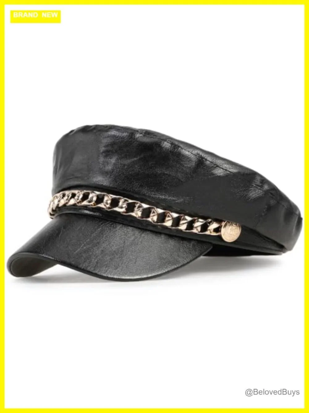 Women's Newsboy Cap PU Leather Flat Cap Classic Beret with Gold Chain